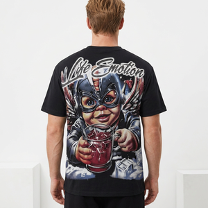 T-shirt noir imprimé Life Emotion pour hommes, avec motif de personnage, manches courtes, col rond, style décontracté - Product Image 4