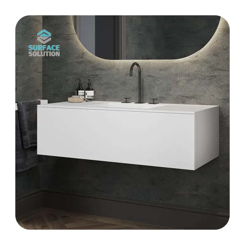 Chine Shenzhen mural pierre artificielle acrylique solide surface moderne salle de bain lavabo armoires corian vanité avec évier