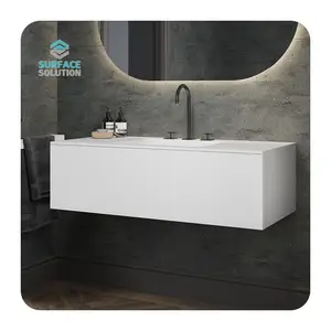 China Shenzhen montado en la pared piedra artificial acrílico superficie sólida baño moderno lavabo gabinetes corian vanidad con fregadero