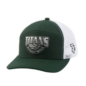 Topi olahraga jala hijau gelap hitam logo bordir kustom trendi luar ruangan dapat diatur 7 panel topi trucker jaring melengkung