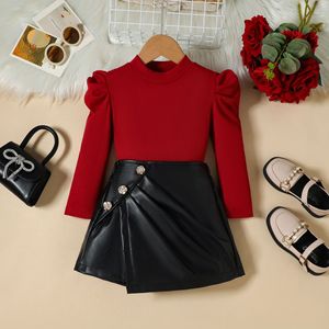 Vêtements pour enfants, automne, nouvelle collection, haut à manches longues uni pour filles, <span class=keywords><strong>jupe</strong></span> courte en <span class=keywords><strong>cuir</strong></span> PU tendance, ensemble deux pièces décontracté - Product Image 3