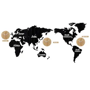 卸売世界地図壁時計、時計付き木製世界地図、「awesometik」3D木製世界地図壁アート装飾