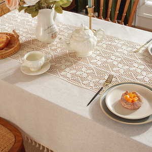 American Pastoral Style Retro Elegant Beige <strong>White</strong> Endless Crochet Hollow Lace Waterproof <strong>Table</strong> <strong>Cloth</strong> Handmade Polyester Cotton - Product Image 4