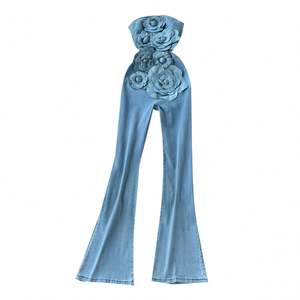 Mono largo de mezclilla 3D sin tirantes, informal, de cintura alta, sin mangas, para mujer, venta al por mayor - Product Image 5