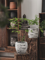 Pot Bunga Diameter Besar Gaya Wabi-Sabi Semen Antik untuk Penggunaan Dalam/Luar Ruangan dengan Bunga Lily Bambu
