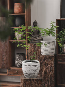 Pot de fleurs vintage en ciment vieilli style Wabi-Sabi de grand diamètre pour usage intérieur/extérieur avec fleurs, lys, <span class=keywords><strong>bambou</strong></span> - Product Image 2