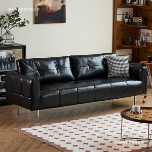 <b>Sofa</b> <b>Bed</b> Black Waxed Leather Retro Style Living Room <b>Small</b> Size Factory Direct Sales - Product Image 1