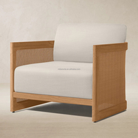Fauteuil de salon d'extérieur en teck naturel et rotin, fauteuil club à assise profonde, mobilier rembourré pour patio, jardin, resort, villa, bord de piscine
