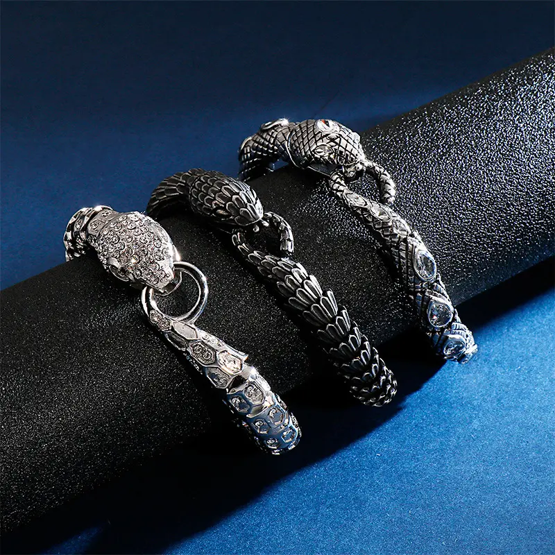 Conjunto de collar de pulsera de serpiente de acero inoxidable Retro venta al por mayor brazalete de cadena de serpiente Vintage de acero de titanio negro para hombres