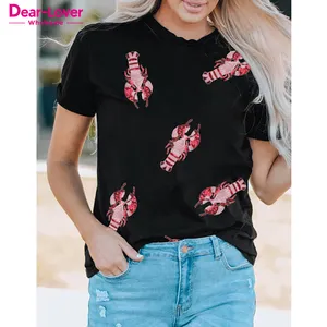 Dear-Lover Wholesale Private Label Custom Logo High Quality Fashion Cute Sequined Crayfish Round Neck Graphic Tee Shirts