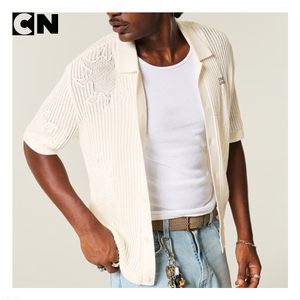 Suéter con Certificación GRS, Fabricante de Suéteres, Logotipo Personalizado, Suéter de Hombre de Algodón y Poliéster, Cuello Polo, Cárdigan, Manga Corta, Camisa de Ganchillo - Product Image 2