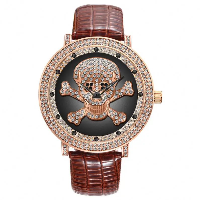 SKONE 9498 western Brown reloj de cuarzo más reciente de cuero banda resistente al agua diamante cráneo decoración carácter reloj de pulsera