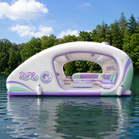 Île flottante gonflable pour parc aquatique, bar, terrasse soleil avec canapé lounge et parasol pour maison de bord de lac, vacances à la plage, détente