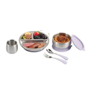 Feeding Set including Suction Bowl Divided Plate, Cup and Spoon & Fork, Feeding Dish Set