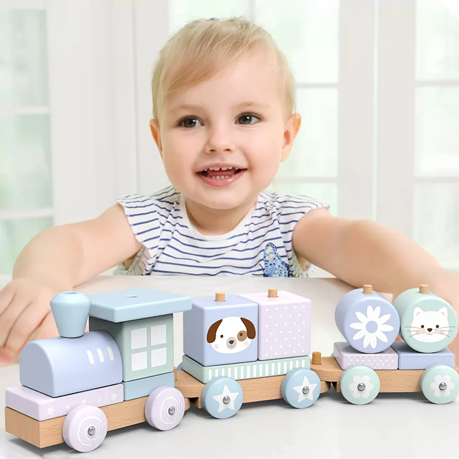 Горячий продавать Деревянный Штабелируемый игрушечный поезд деревянный детский деревянный набор поездов