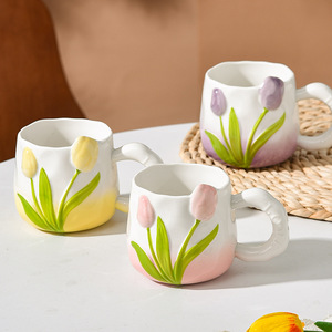 New Product Hand-Painted 3D Tulip Relief <b>Ceramic</b> <b>Mug</b> Flower Coffee Cup Exquisite Birthday Gift <b>Mug</b> - Product Image 4