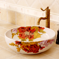 Gran oferta, lavabo sanitario creativo para el hogar, lavabo redondo de cerámica, amarillo, blanco, flor de peonía, encimera, lavabo de porcelana