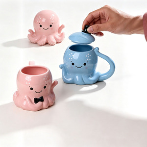 Tasse en céramique Solhui avec couvercle, design pieuvre mignon, vaisselle adorable pour enfants, cadeau - Product Image 3