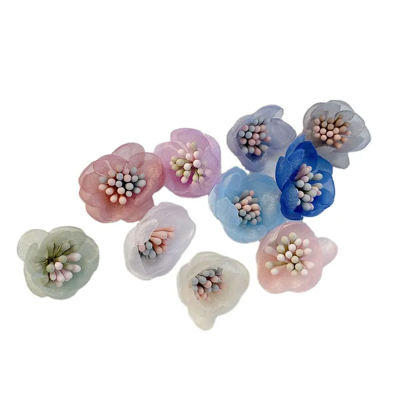 200 Stks/zak 2.5Cm Mini Kralen Centrum 3D Pastel Organza Bloem Voor Versieren Kledingstuk Stof Bloemen Charm Voor Diy Haar accessoires
