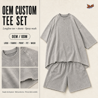 Ensemble deux pièces décontracté personnalisé en coton lavé, t-shirt et short, manches raglan oversize, bords bruts, streetwear femme, vente en gros, ODM 100% coton