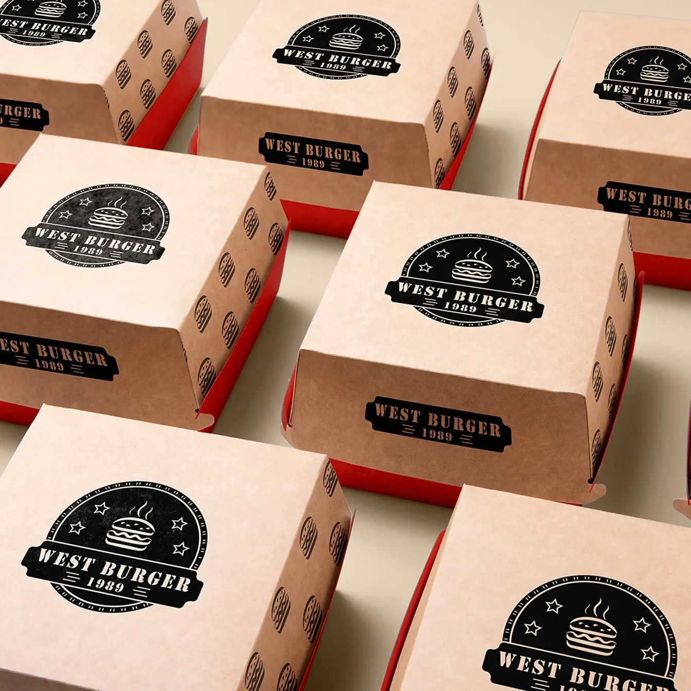 Бесплатная дизайнерская упаковка для пищевых продуктов, коробка для бургеров, наклейка, бумажный пакет для пищевых продуктов с вашим собственным логотипом