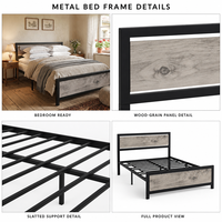 Cadre de lit moderne en métal durable avec panneaux en bois grainé inclinables, espace de rangement et sommier à lattes ouvertes pour chambre d'hôtel pleine grandeur
