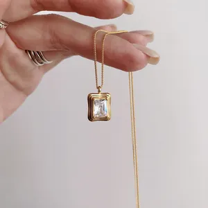 बनावट धार वर्ग हीरे का हार घन Zirconia 18K सोना मढ़वाया हार फैशनेबल Minimalist चांदी के गहने 925 स्टर्लिंग गर्म