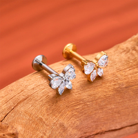 1PC ASTM F136 Titanium 16G Internal Thread Zircon Inlay Labret Flat Back Lobe Helix Tragus Moon Cross Anting Piercing Perhiasan
