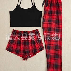 Ensemble de vêtements de détente pour femmes, short à bretelles, pantalon, ensemble trois pièces, style européen et américain, commerce électronique transfrontalier. - Product Image 2