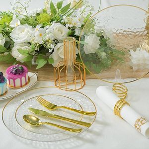 Assiettes en plastique jetables transparentes bleues martelées avec bord doré pour fête et Noël - Product Image 6