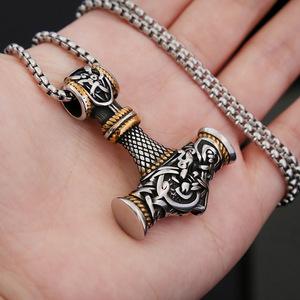 yunnique Thor's Hammer Pendant Stainless Steel Necklace Two Tone Gold 60cm <b>Chain</b> Viking Style Men's Jewelry Gift - Product Image 4