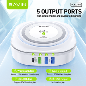 <span class=keywords><strong>Chargeur</strong></span> de téléphone USB multi-ports Bavin avec logo personnalisé, <span class=keywords><strong>prix</strong></span> de bureau, <span class=keywords><strong>5</strong></span> en 1, 45 W PD, station de charge rapide 20 W avec <span class=keywords><strong>chargeur</strong></span> sans fil - Product Image 2