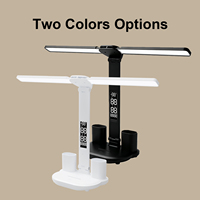 Lámpara de Mesa LED con Control Táctil, Portaplumas Doble, Reloj Digital, Plegable, Ajustable, Protección Ocular, Luz de Escritorio para Estudio u Oficina