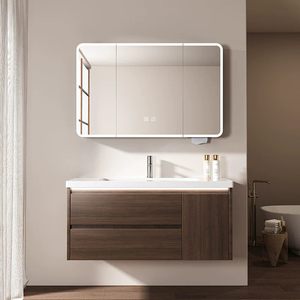 Meuble de salle de bain moderne intelligent avec vasque intégrée en céramique, combinaison noyer et vasque à poser - Product Image 1