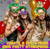 Masques de fête de carnaval Mardi Gras, colliers de perles, bandeaux, bracelets en silicone, pièces de monnaie dorées, autocollants de tatouage, accessoires photo, cadeaux pour stand photo