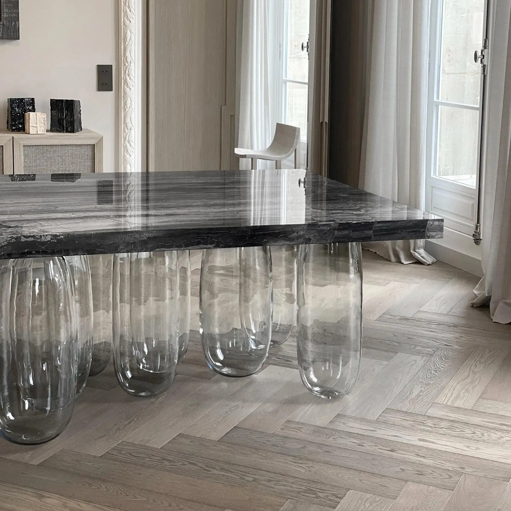 Shihui Op Maat Gemaakt Luxe Design Nordic Eetkamer Meubels Minimalistische Rechthoek Lange Marmeren Top Eettafel Met Glazen Voet