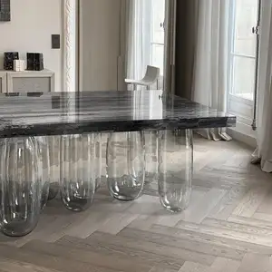 SHIHUI Customized Luxury Design Nordic Dining Room Furniture Minimalist Rectangle Long Marble Top Dining Table With Glass Base