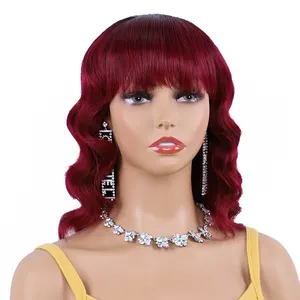 Бордовый красный парик с челкой, 100% натуральные волосы парики для черных женщин, полная машина, кружевные передние парики короткие волнистые натуральные волосы парик