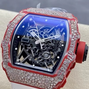 Montre mécanique automatique tonneau de luxe haut de gamme, style designer, boîtier en fibre de carbone rouge glacé, cristal saphir, squelette diamanté - Product Image 1