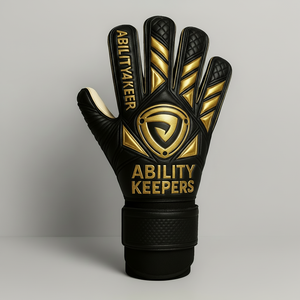 "Gants de gardien noir et or avec revers gaufré et logo 3D Premium Pro Match Design par Ability Keepers" - Product Image 1