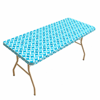 Nappe jetable rectangulaire imperméable en PEVA à bords élastiques, motif diamant bleu ciel et blanc, pour événements (vente en gros)
