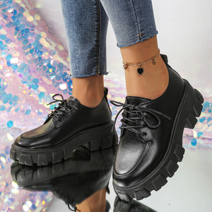 รองเท้าส้นกลางแบบผูกเชือกสไตล์อังกฤษ พื้นหนา ไซส์ใหญ่ สำหรับผู้หญิง ขายส่ง รุ่นใหม่ประจำฤดูใบไม้ร่วง - Product Image 1