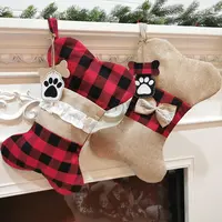 cute dog bone fish christmas stocking pets burlap plaid christmas stocking fireplace hanging stockings with bowknot for dog cat