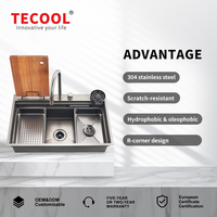 Évier de cuisine multifonctionnel 800*500mm en acier inoxydable SS304, à poser, avec robinet cascade intégré