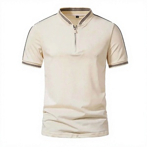 Polo à manches courtes pour homme, fermeture éclair, couleur unie, tricoté, style décontracté, beige - Product Image 1