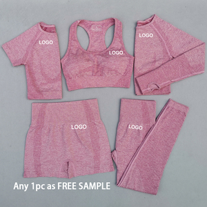 Ensemble de Yoga <span class=keywords><strong>5</strong></span> Pièces, Haut Court de Fitness Rose à Manches Longues, Vêtements de Sport Personnalisables, Ensembles d'Entraînement Sans Couture pour l'Automne - Product Image 1