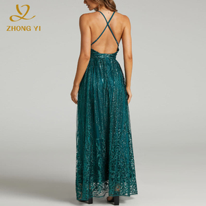 <span class=keywords><strong>Robe</strong></span> longue col en V pour femme, élégante, vert émeraude, pour bal de promo, soirée, cérémonie, sur mesure, 100% polyester - Product Image 2