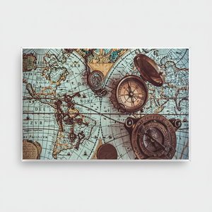 Antique World <b>Map</b> Art Deco Panel Print Brass Compass Hanging Wall Art Clear Framed Canvas - Product Image 2