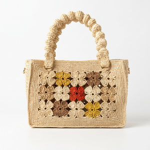Sac fourre-tout bohème en raphia pour femme, motif floral ajouré, deux poignées, fermeture éclair, écologique, tendance, usage quotidien - Product Image 1