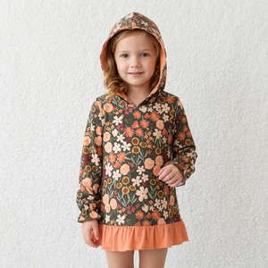 Longlv GT1644 Fall Flower Orange Kids Girls Shirt <b>Blouse</b> Spandex/Polyester Loose Fit Chinese Style - Product Image 1